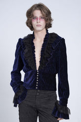 Blue V Collar Long Sleeves Ruffle Stitching Lace Men's Gothic Blouse